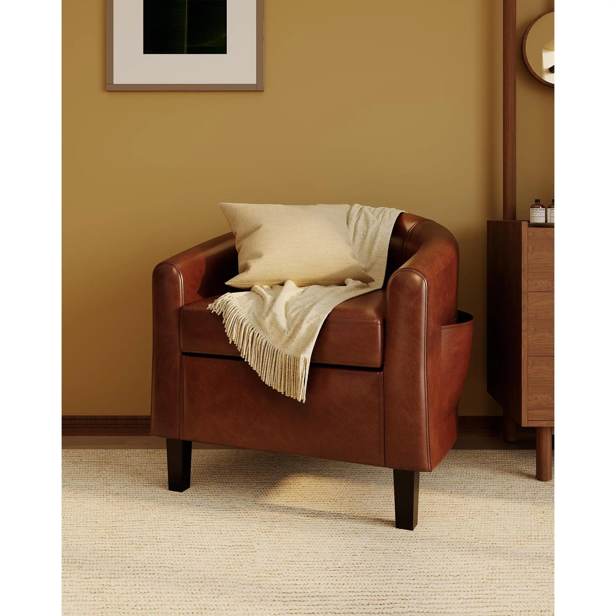 GARVEE Barrel Shape Accent Chair, Faux Leather Upholstered Club Armchair with Soft Padded Seat for Living Room, Bedroom Reading (Brown)