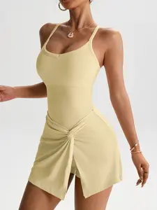 2-in-1 crossover back design tennis skirt, high-waisted shaping waistline camisole skirt with built-in leggings for no exposure, twist knot design slim yoga short skirt, summer casual hot girl fitness dress