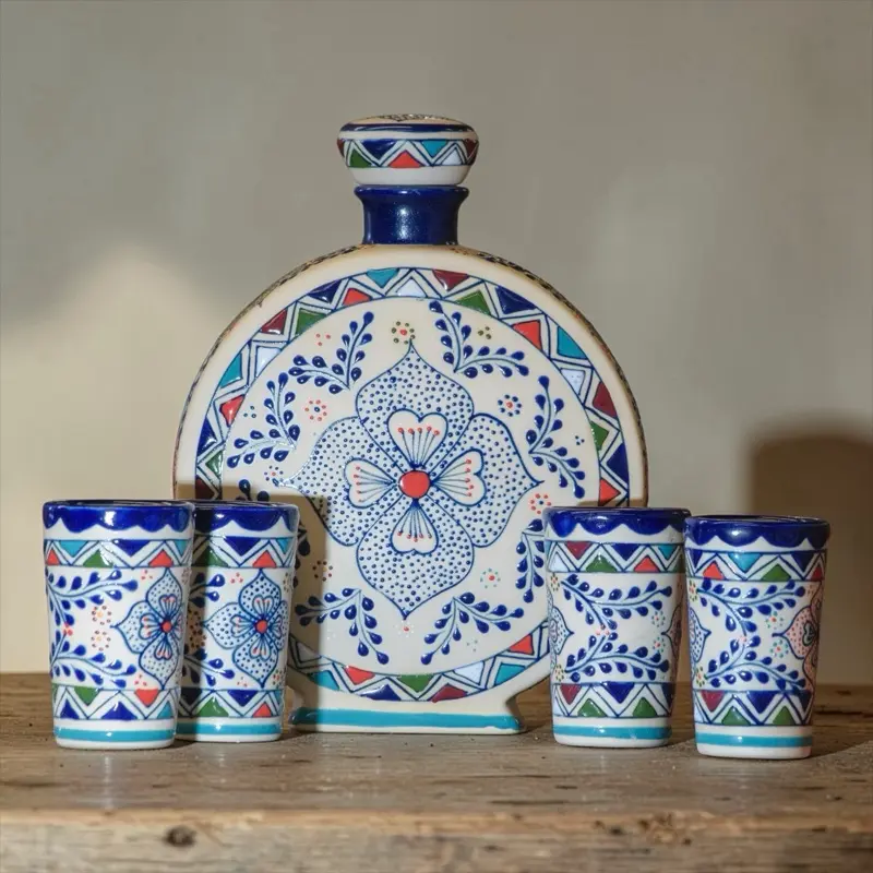Hand-Painted Ceramic Stoneware Tequila Decanter Set of 5 - 33oz Decanter, 4x2.5oz Shot Glasses, Mexican Art, One of a Kind, Hand Wash, Home Bar Utensils, Ideal for Art Lovers, Housewarming Celebrations