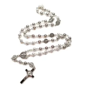 Rosary Catholic Necklace Lady Girl Silver Rose Metal Prayer Rosary Chain