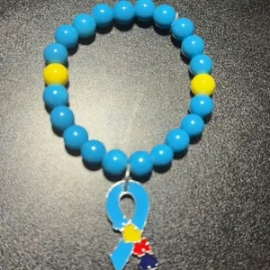 Autism Awareness Bracelet with Blue Beads and Colorful Ribbon Charm for Support and Awareness