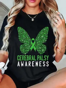 100% Cotton Butterfly Cerebral Palsy Awareness CP Green Ribbon Support T-Shirt
