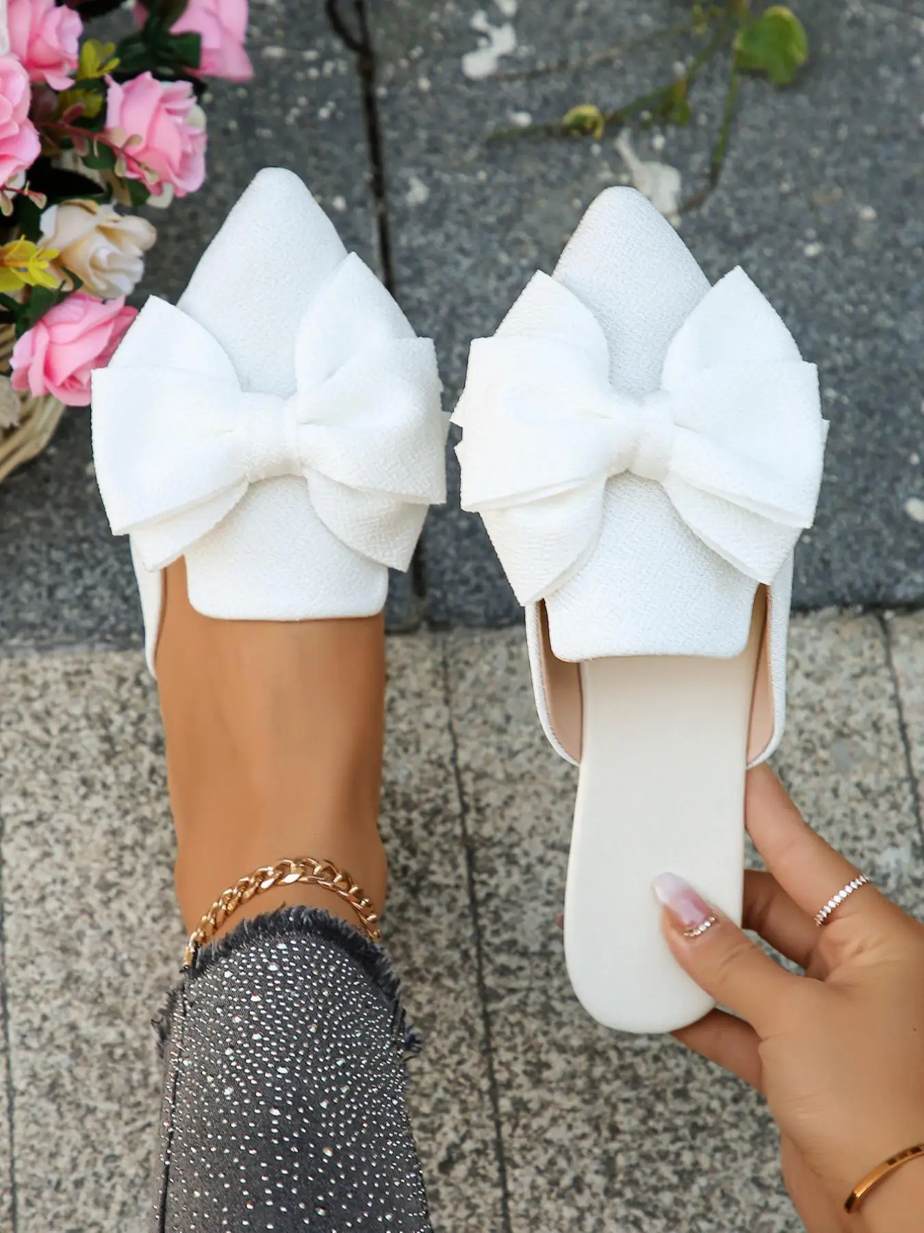 Summer Elegant Plain Bowknot Design Slip on Flats, Pu Soft Comfortable Flat Shoes for Beach Holiday Vacation, Pointed Toe Walking Shoes for Daily Foot