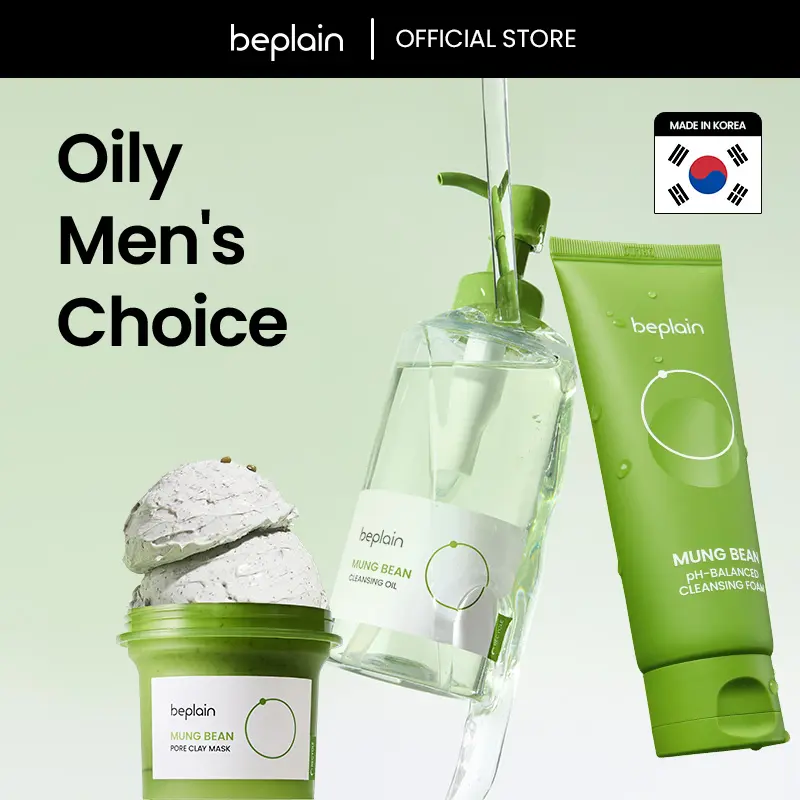 beplain Mung Bean Triple Cleanser | Lightweight Cleansing Oil, Cleansing Foam, Calming Clay Mask, Facial Detox, Soothing K beauty Exfoliant, Skin Repair with Mung Bean Complex for All Skin Type, Dewy, Unscented