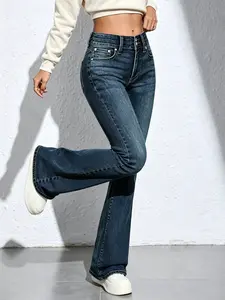Women's Denim Pants - Womenswear Bottom, Stretch Low-Mid Rise Vintage Wash, Flare-Straight-Bootcut Styles, Lightweight Casual with Pockets