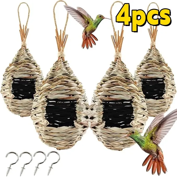 4Set Handmade Hummingbird Homes - Perfect for Garden And Indoor Decoration, Expertly Designed to Lure Wild Birds to Your Patio, Yard, Or Workspace, Without Battery