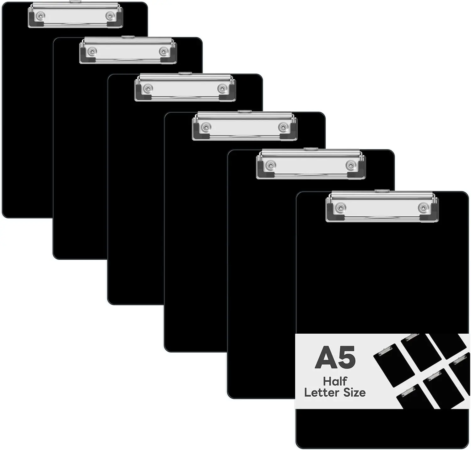 6-Pack A5 Black Plastic Mini Clipboards, 6 x 9 in Half-Letter Size, Low-Profile Metal Clip, Non-Slip Pads, 0.2 lbs, Comfortable to Hold, Easy to Carry, Smooth Writing Surface for Classroom & Office Memo Organization