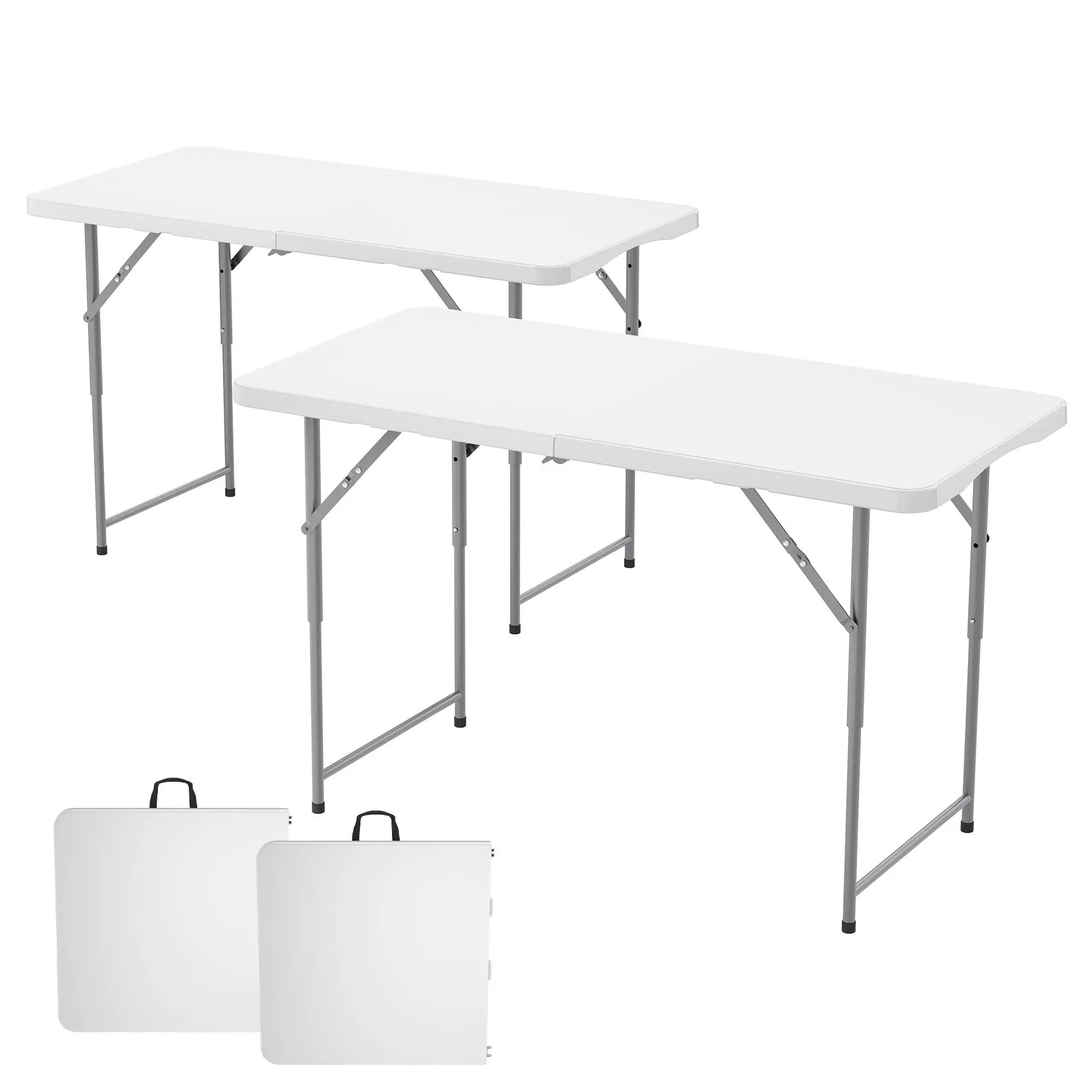 Garvee 4FT Folding Table HDPE Foldable Table with Carrying Handle | 3 Adjustable Height Metal Frame Support Up to 400LB Portable for Picnic Camping Party Indoor & Outdoor Use, 2 Pcs White
