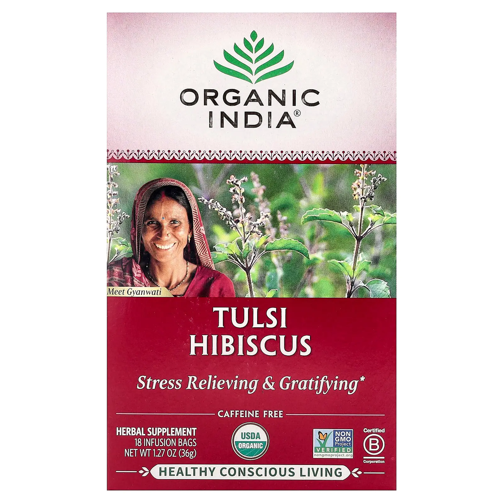 Organic India Tulsi Hibiscus Tea, Caffeine-Free, 18 Infusion Bags, 1.27 oz (36 g)