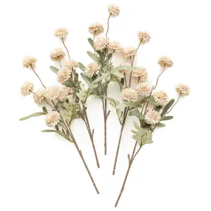 DIY 5pcs Faux Silk Pompon Mum Artificial Flowers Beige White Bulk Fake Mini Chrysanthemums with Stems for DIY Bouquet Centerpieces Wedding Fillers Champagne Arrangements Shower Decorations Indoor Outdoor Use Decorative table fall room decor