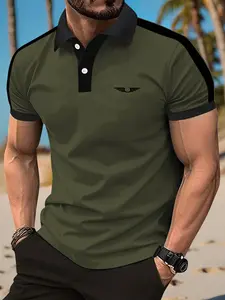 Men's Summer Wing Print Lightweight Color Block Short-Sleeve Button-Down Collar Polo Shirt, Fashionable Casual Sports Travel Business Work Golf Fishing Camping Gift for Boyfriend or Husband Holiday Outfit Trend