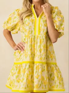 HarSum Women’s Floral Puff Sleeve Mini Dress, V Neck A Line Babydoll Sundress, Cute Summer Vacation Dress for Resort Wear