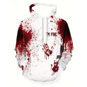 Men's "I'm Fine" Graphic White Hoodie with Red Blood Splatter Design 3D Printed Casual Streetwear Pullover with Kangaroo Pocket Long Sleeves for Spring & Autumn Oversized Hoodie Fabric Menswear QD31355
