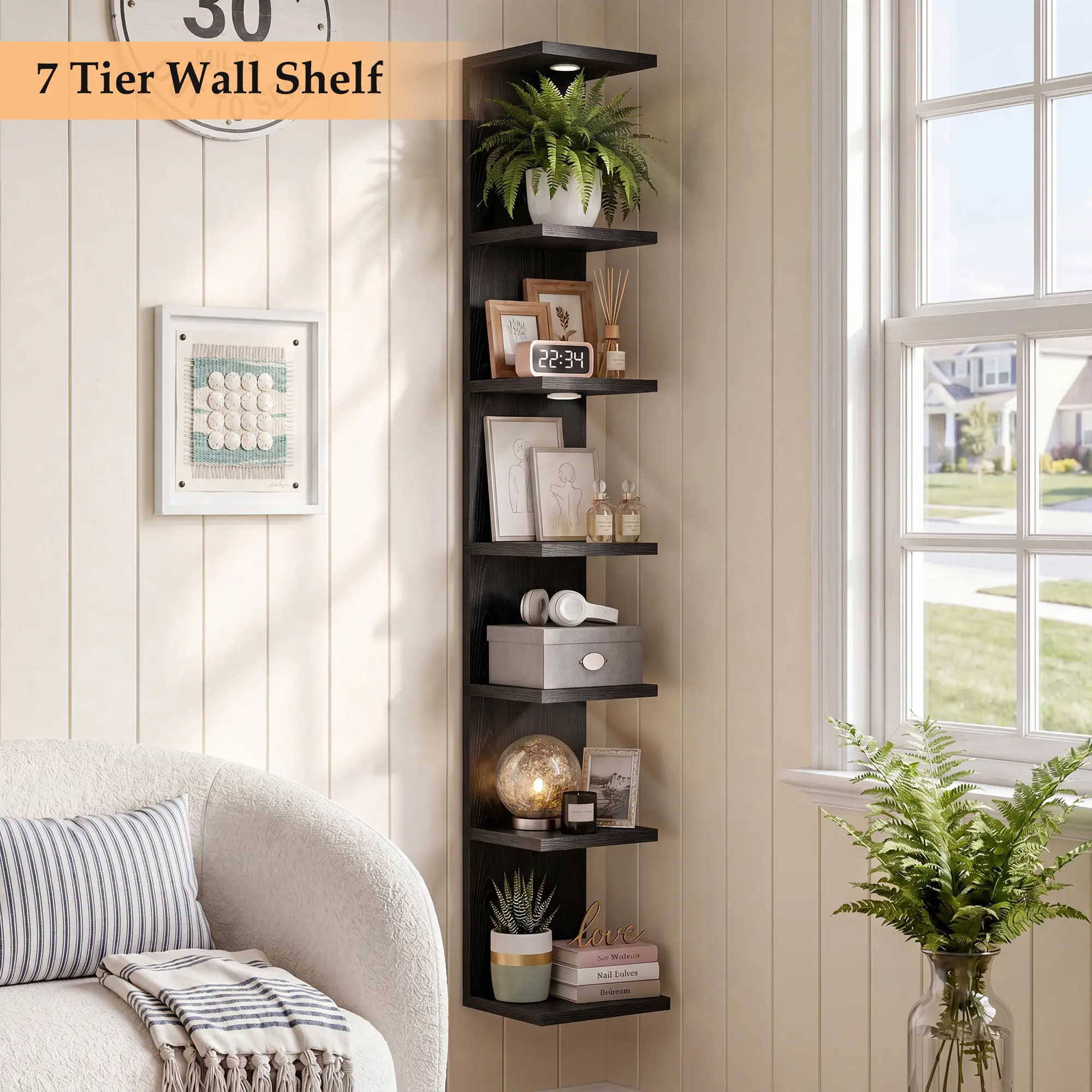 7 TWall Shelf Unit, Lack Wall Shelf, Display Floating Shelf with LED Light，Lack Shelf for Home Organizer Display, Floating Shelf-Narrow Decorative Wall Mount Modern Wall Decor Shelves for Bedrooms, Living Rooms