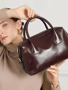 Simple Leather Bowling Bag Handbag, First Layer Cowhide Boston Backpack, Vintage Casual Crossbody Bag, Single Shoulder Bag