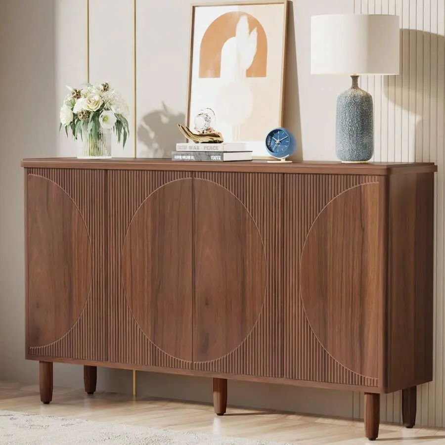 59.4-Inch Sturdy Classic Modern Indoor Sideboard Buffet Table - Brown Storage Cabinet with Vertical Handle, Double Sliding Door, Symmetric Circle, Curved Back PU Leather Chairs Set, Anti-Tipping, Above 25 kg, Assembly Required (for Dining Room, Furniture)