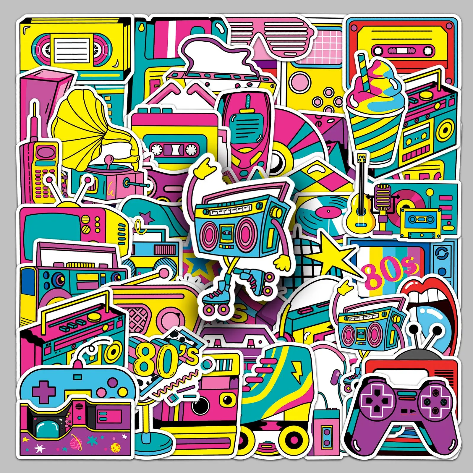 Vintage 80s Themed Sticker, 50pcs/set Creative Graffiti Sticker, DIY Decorative Sticker for Laptop, Phone, Computer, Guitar, Bag, Water Cup, Scrapbook, Screen Protector