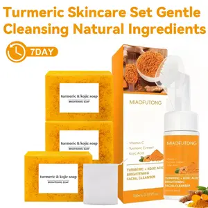 Turmeric Skincare Set - 3 Handmade Kojic Acid Soaps & 1 Bottle of Cleansing Mousse & Foaming Net, Skincare Products, Suitable for Sensitive Skin and All Skin Types - Gentle Face and Body Soap Set