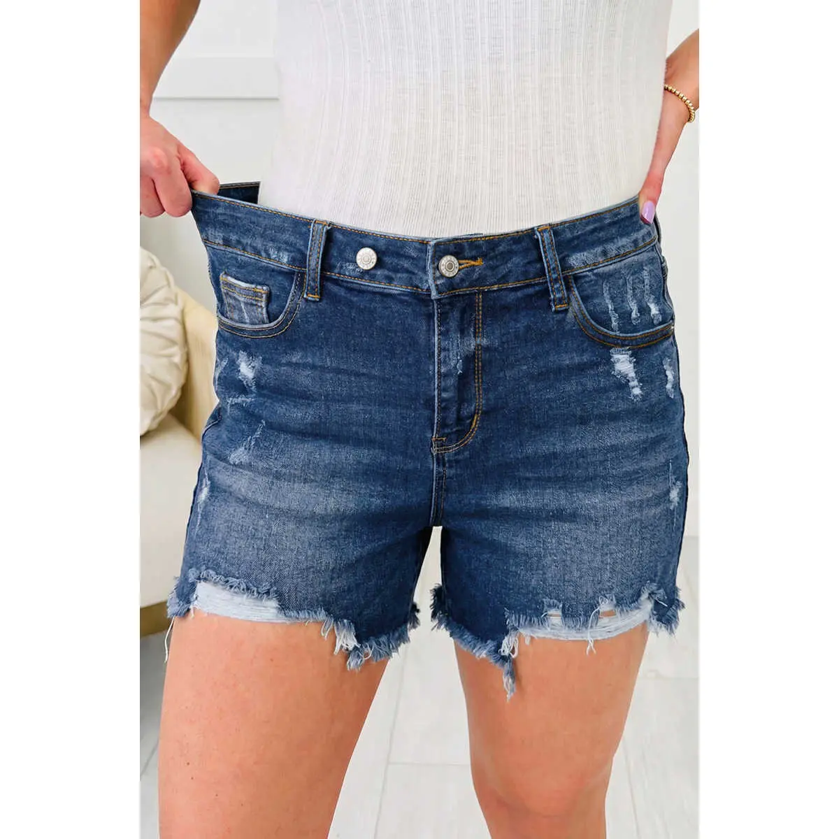 Sail Blue Asymmetric Raw Hem Distressed Whiskery Denim Shorts