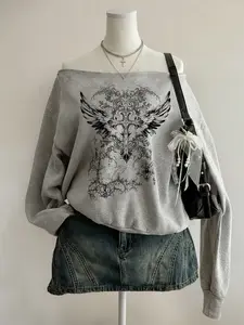 Women's Oversized Off-shoulder Hoodie Sweatshirt, Y2K Gothic Style with Cross & Wing Prints, Comfy Everyday Street Casual Vibe, Perfect for Hangouts & Trendy Looks