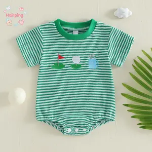 Baby Boy Golf Theme Romper, Green & White Striped Waffle Knit Short Sleeve Onesie with Golf Embroidery, Soft Breathable Summer Outfit for Infant, Ideal for Golf Fans & Baby Shower Gift