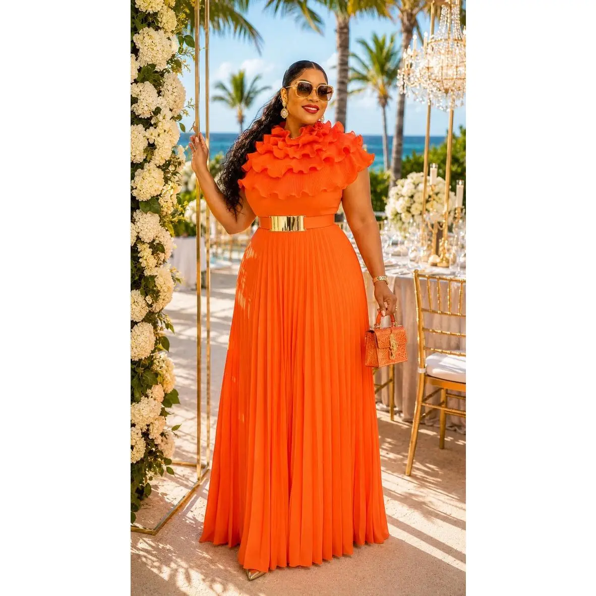 Glamorous Orange Ruffle Pleated Curvy Palazzo Jumpsuit Wedding Guest Birthday Party Outfit