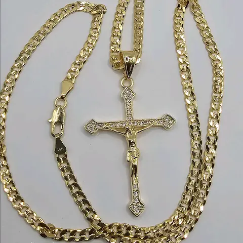CHRIST ON THE CROSS clear stones Cuban link chain gold-plated