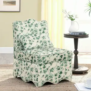 Retro Single Chair with Flower Pattern and Wave-Shape Edge, Flannel Upholstered Armless Sofa Chair with Seat Cushion and Pillow for Living Room, Bedroom