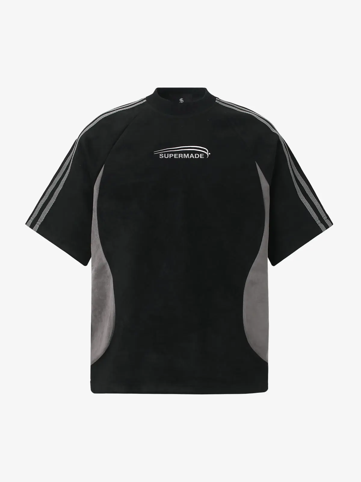 Thesupermade Men's Suede Mock Neck T-Shirt with Embroidered Logo and Sporty Side Split, Casual Athletic Streetwear Mens Clothing, Casual Fashion Sporty