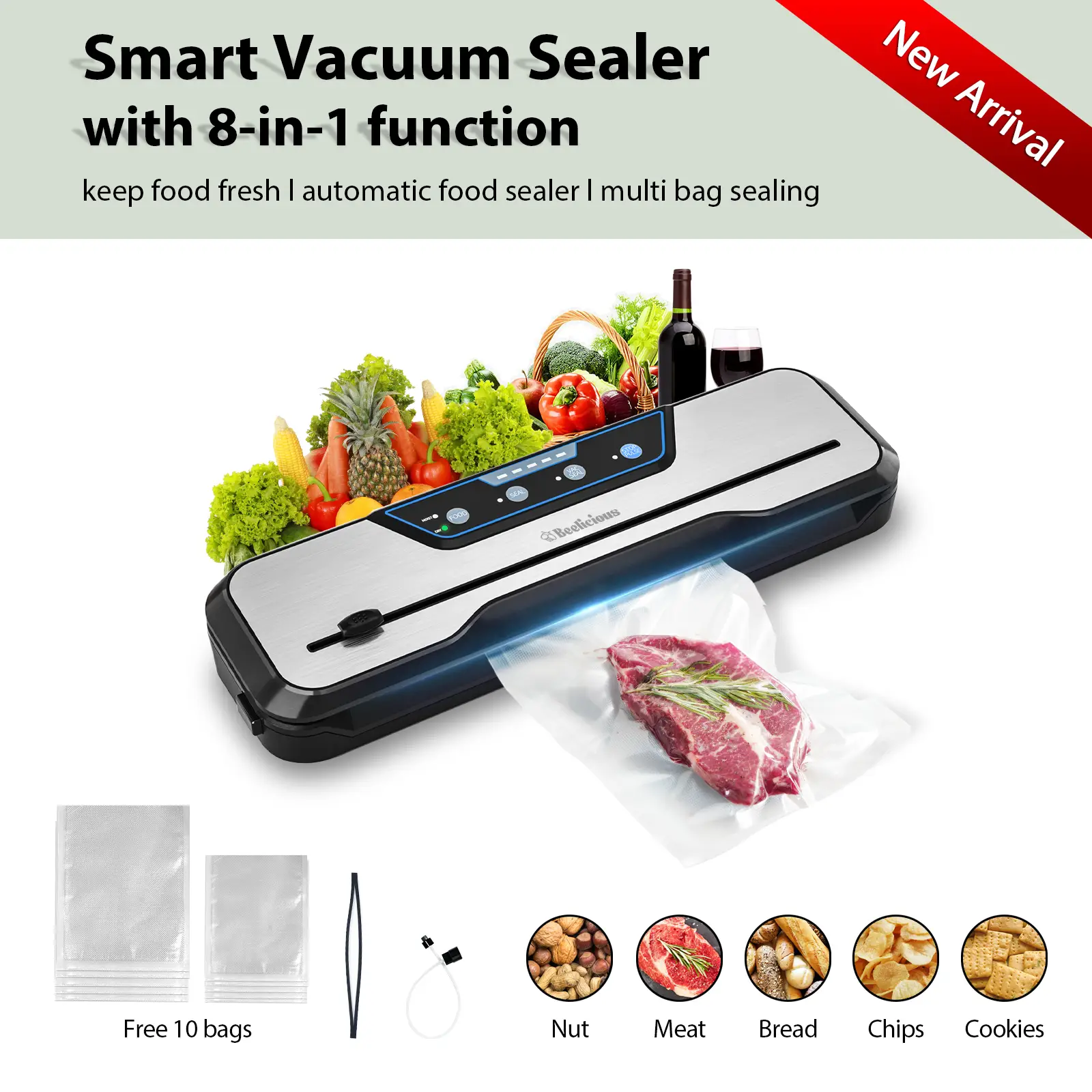 Vacuum Sealer Machine, with Starter Kit and 2-Year Warranty, Beelicious Automatic Air Sealing for Food Storage, Build-in Cutter, Moist Mode, EXT-VAC K