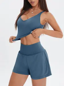 Women's Solid Crop Top & 2 in 1 Pocket High Waist Shorts Tracksuit Set, Fitness Sportswear Set, Sporty Breathable Outfits for Yoga Gym Workout Running, Ladies Sportswear for All Seasons, Activewear