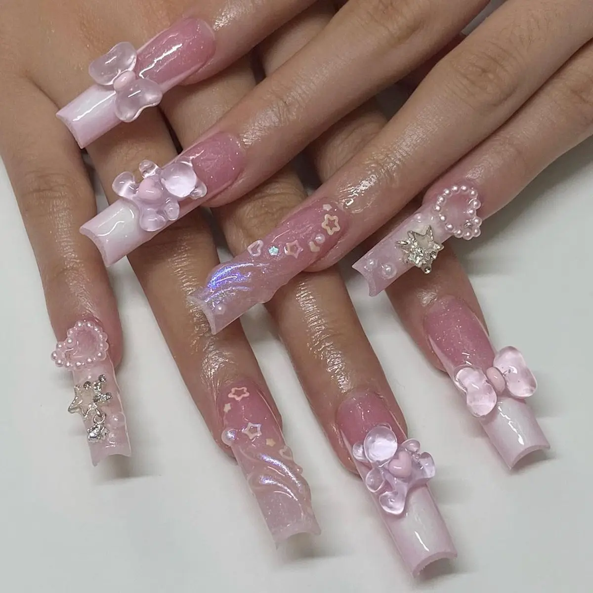 (Nail Art - Bear Bowbowknot) Long Length Long Water Pipe Fake Nails Square Head Nail Tips False Nail Girl(24 PCS)