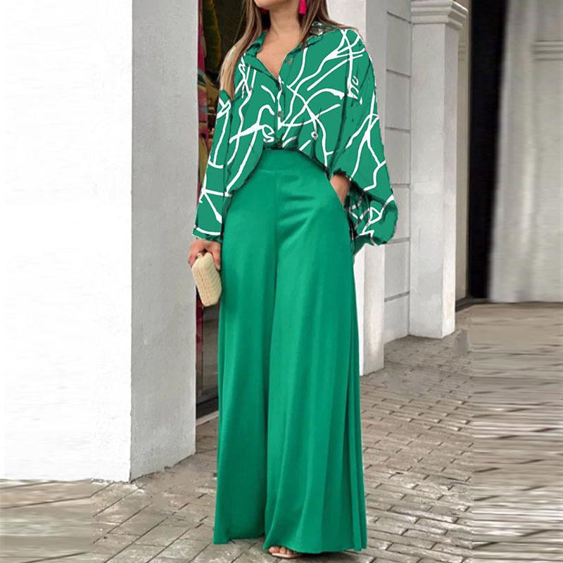 Loose And Elegant Casual Printed Shirt Top Wide Leg Pants Fashion Suit