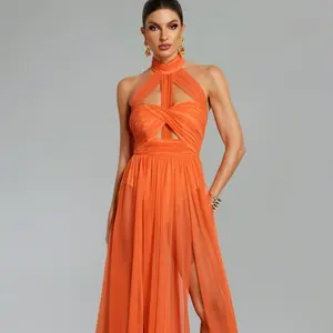 BellaBarnett Rivka Halterneck Twist Mesh Maxi Dress
