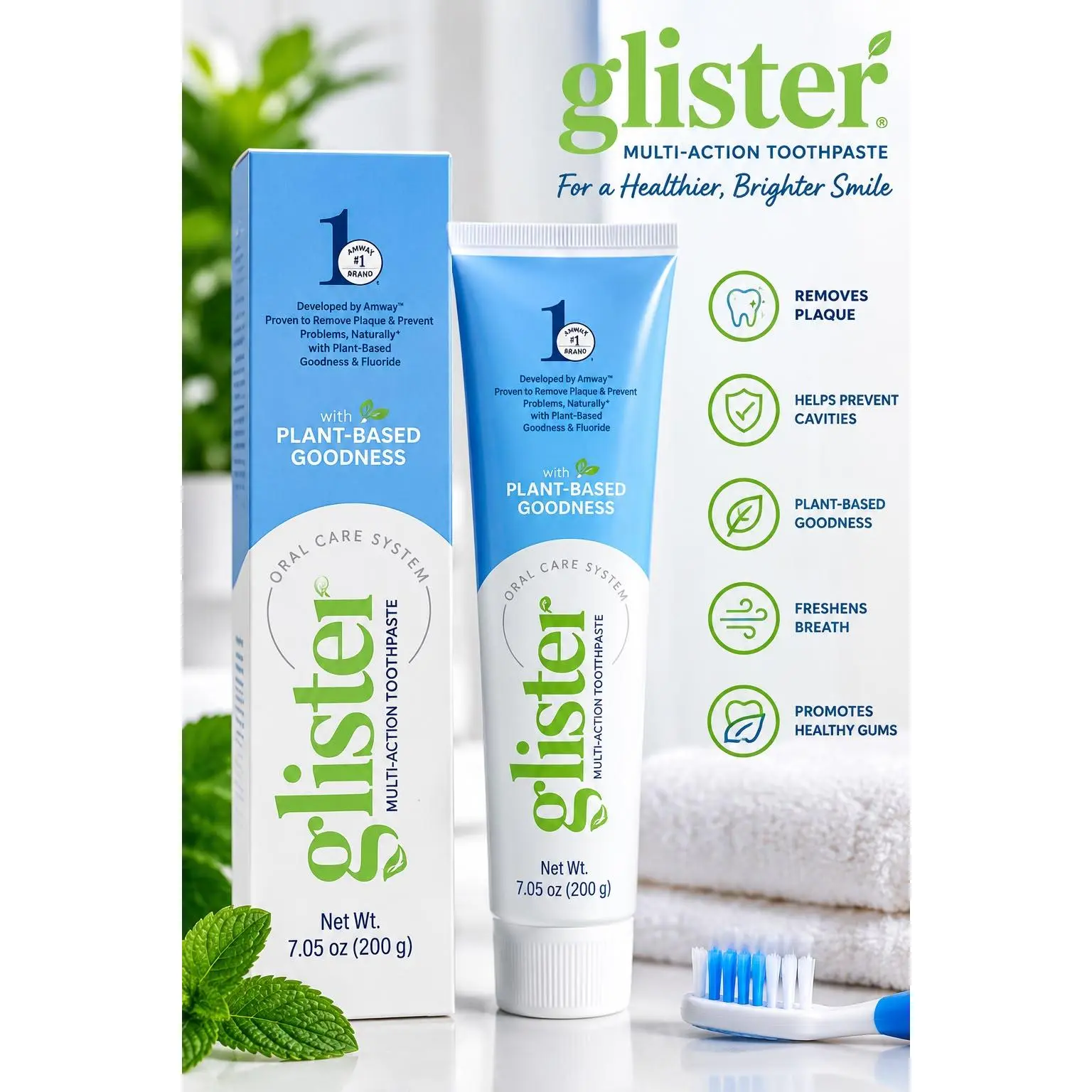 Glister Multi-Action Toothpaste with Plant-Based Goodness for a Healthier Brighter Smile 7.05 oz 200g Removes Plaque Helps Prevent Cavities Freshens Breath Promotes Healthy Gums