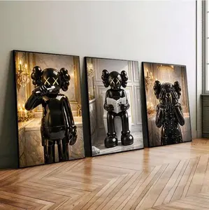 Full Set of 3 Black Kaws in Shower & Bathroom Kaws Poster, Hypebeast Prints, Washroom Wall Art, Bathroom Decor Unframed Poster