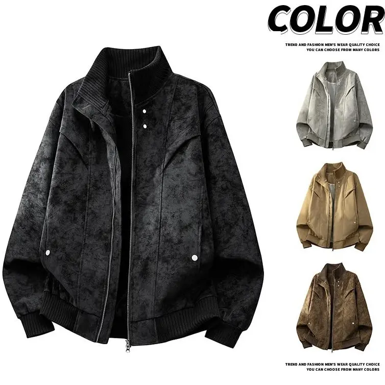 Men’s tie-dye faux suede ribbed-collar aviator jacket, sporty jacket, street jacket with stitched panels and zipper closure, tie-dye faux suede ribbed stand-collar paneled aviator jacket, vintage casual men’s street zip-up outerwear