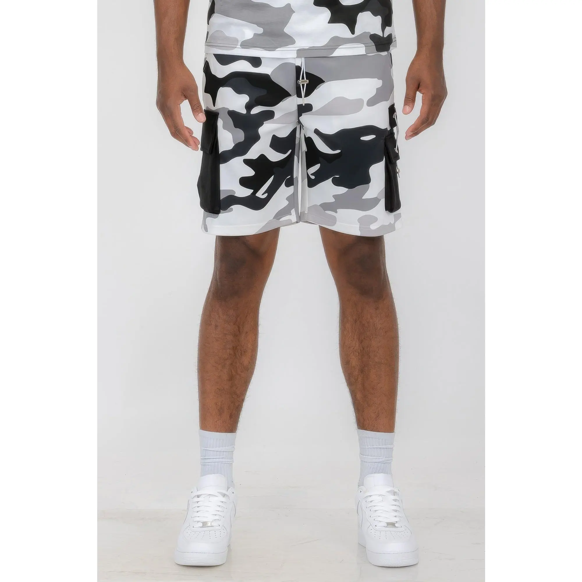 Men's Full Camo Sweat Shorts - Above the Knee, Mid Waist, Fitted, Summer Wear, Elastic Waistband with Drawstring, Toggle Pockets, Regular Fit, Blue/Grey/Lime/Red/White Options, Sizes S-3XL