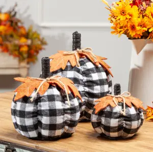 Set of 3 Large Plaid Harvest Stuffed Decorative Pumpkins