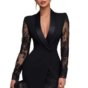 Women’s V-Neck Lace Bodycon Sheath Dress – Elegant Long Sleeve Knitted Polyester, Curve-Hugging Evening & Cocktail Dress