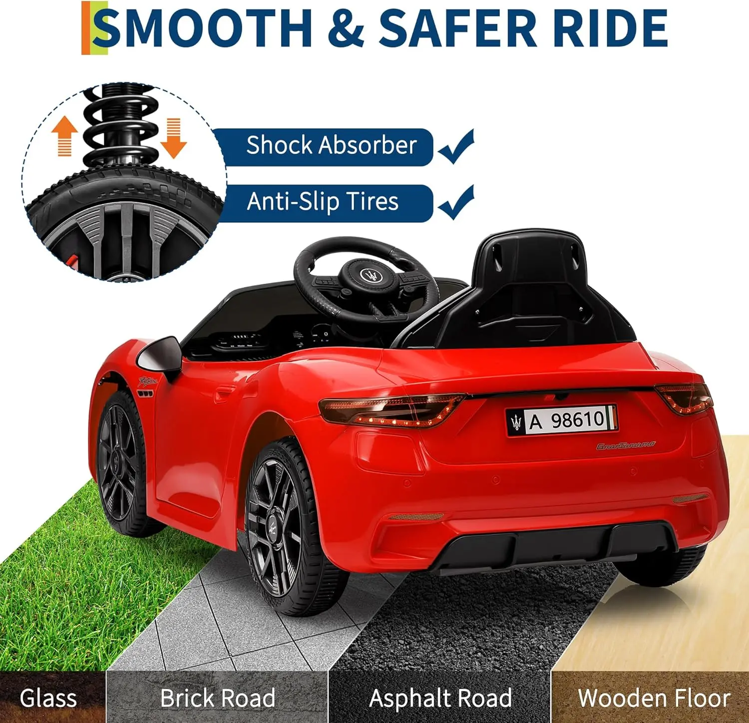 【Christmas Gift】Licensed 12V Red Maserati GranCabrio Kids Ride-On Car - Durable Plastic, Remote Control, Dual Motors, Spring Suspension, Safety Features, Speed Settings, Pedal & Steering Controls, Realistic Design, for Ages 3-8