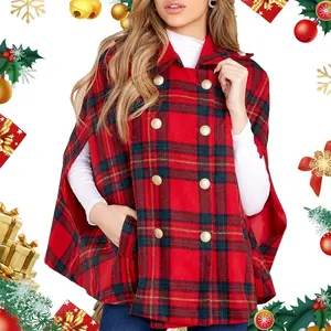 FMEYOA Womens Christmas Plaid Jacket Double Breasted Winter Cape Coats Turn Down Poncho with Pockets
