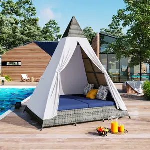 Aobtkel®GO 90.5" Length Outdoor Sunbed With Colorful Pillows, Wicker Patio Daybed With Cushions, Tent Shape, Gray And Blue#Summervibes