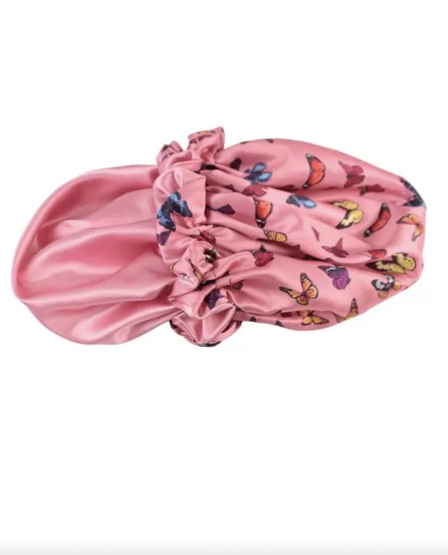 Double-Layered Butterfly Pattern Fashionable Sleep Cap Silk Satin Bonnet for Comfortable Night Sleep Pink