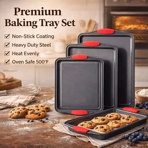 3-Piece Non-Stick Baking Tray Set, Premium Carbon Steel, Oven Safe 500°F, Durable Baking Pans for Cookies, Cake & Roasting