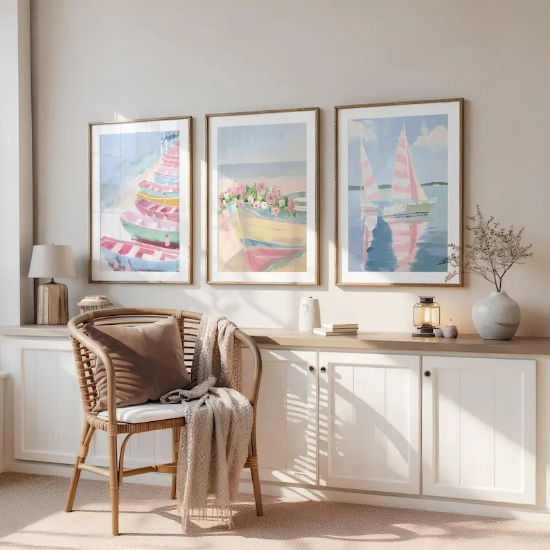 Coastal Beachy Boat Prints Wall Art, Summer Nautical Pastel Decor, Set of 3 Printable Calm Seaside Art, Digital Download Painting 72 Caitlin