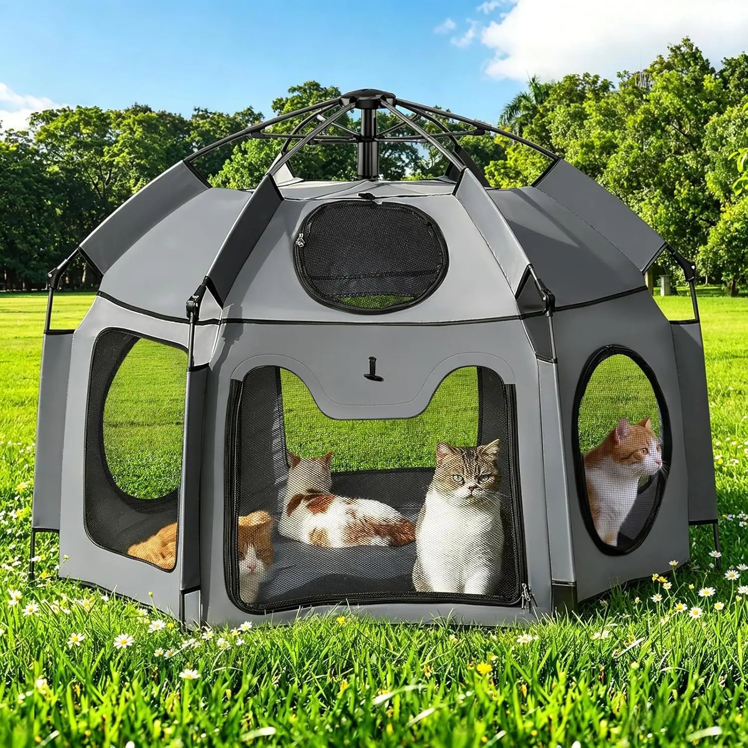 Outdoor Catio Enclosure - 35.4" Pop-Up Pet Playpen Kennel for 1 Cat, Quick Setup, Portable Lightweight Foldable with Sunshade, for Balcony Hiking Use