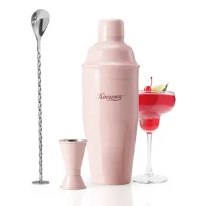 Cocktail Shaker, KITESSENSU 24oz Drink Shaker with Bartender Strainer, Measuring Jigger, Bar Mixing Spoon, Cocktail Recipe Guide, Professional Drink Mixer Set for Beginners, Pink