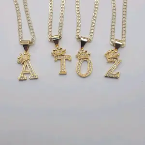 Elegant Letters with Crown and Clear Stones A to Z 18k color,  chain Cuban Link 14k color 24 & 18 Inches 4mm laminated gold.