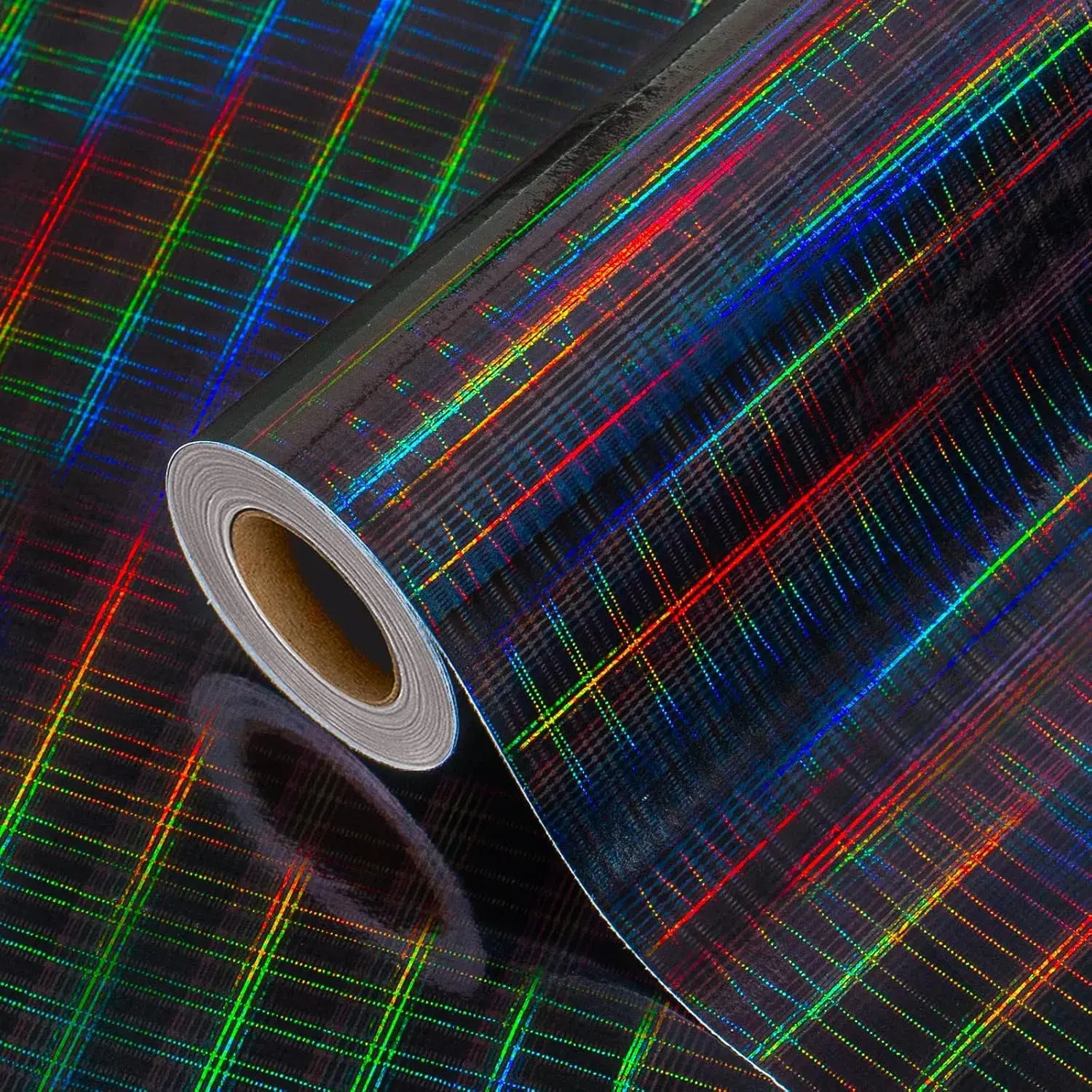 Black Rainbow Foil Stripe Grid Office Wrapping Paper Roll - 1 Roll, 17 in Wide (17 in x 32.8 ft), 32.8 ft Long, Waterproof, Reversible, Metallic Design, with Grid Cutting Lines for Birthday, Christmas